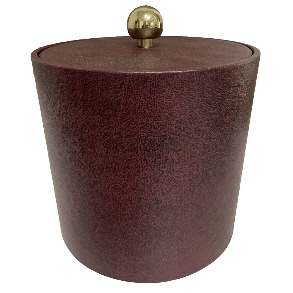 Vintage Erwyn Burgundy Leatherette Ice Bucket Brass Knob